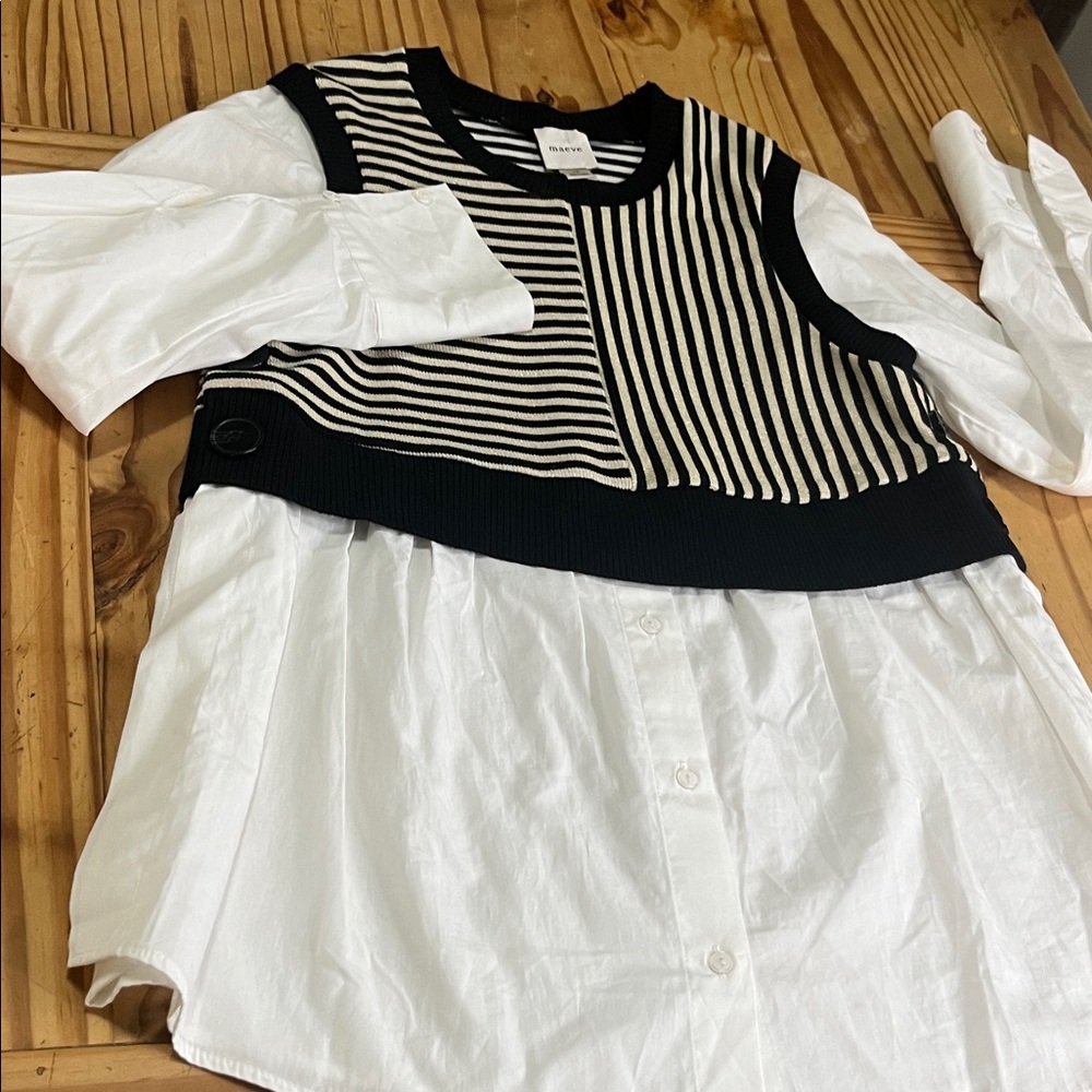 Anthropologie Maeve Long-Sleeve Linen Twofer Sweater Vest Top - Picture 4 of 9